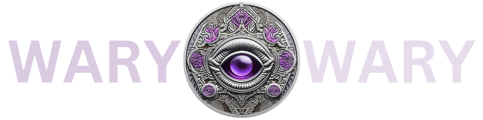 Wary personality style logo - a silver medallion with purple eye