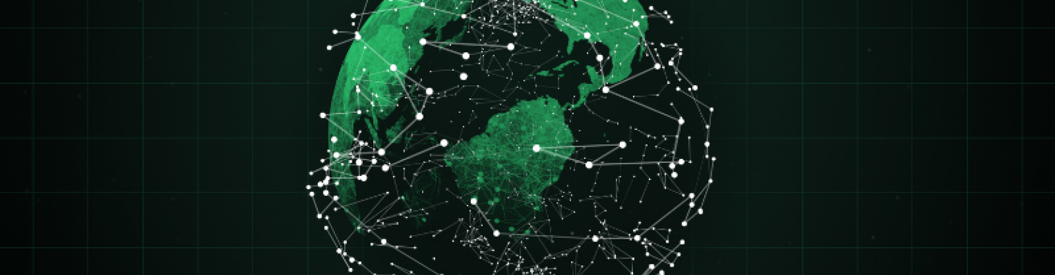 A world with green continents and overlayed network of digital connectios