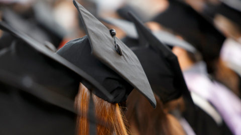 A line of grads in graduation caps