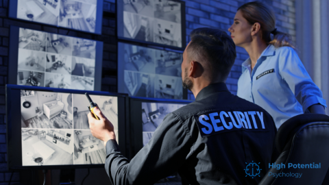 Security guards watching various screens