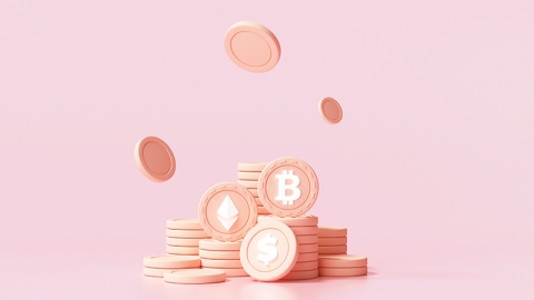 Cryptocurrency tokens on a sot pink background