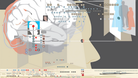 A collage of a brain inside an illustrated head with linkages and digital circuits