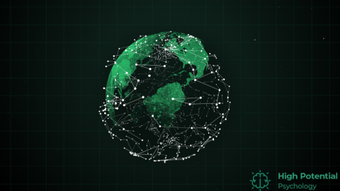 A world with green continents and overlayed network of digital connectios